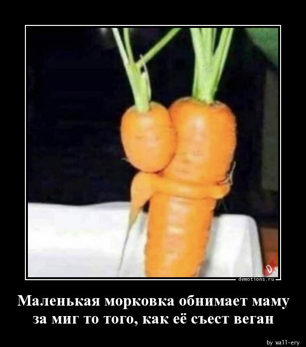 Маленькая морковка обнимает маму
за миг то того, как её съест веган