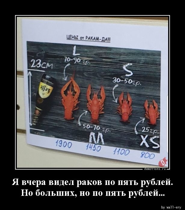 Я вчера видел раков по пять рублей.
Но больших, но по пять рублей...